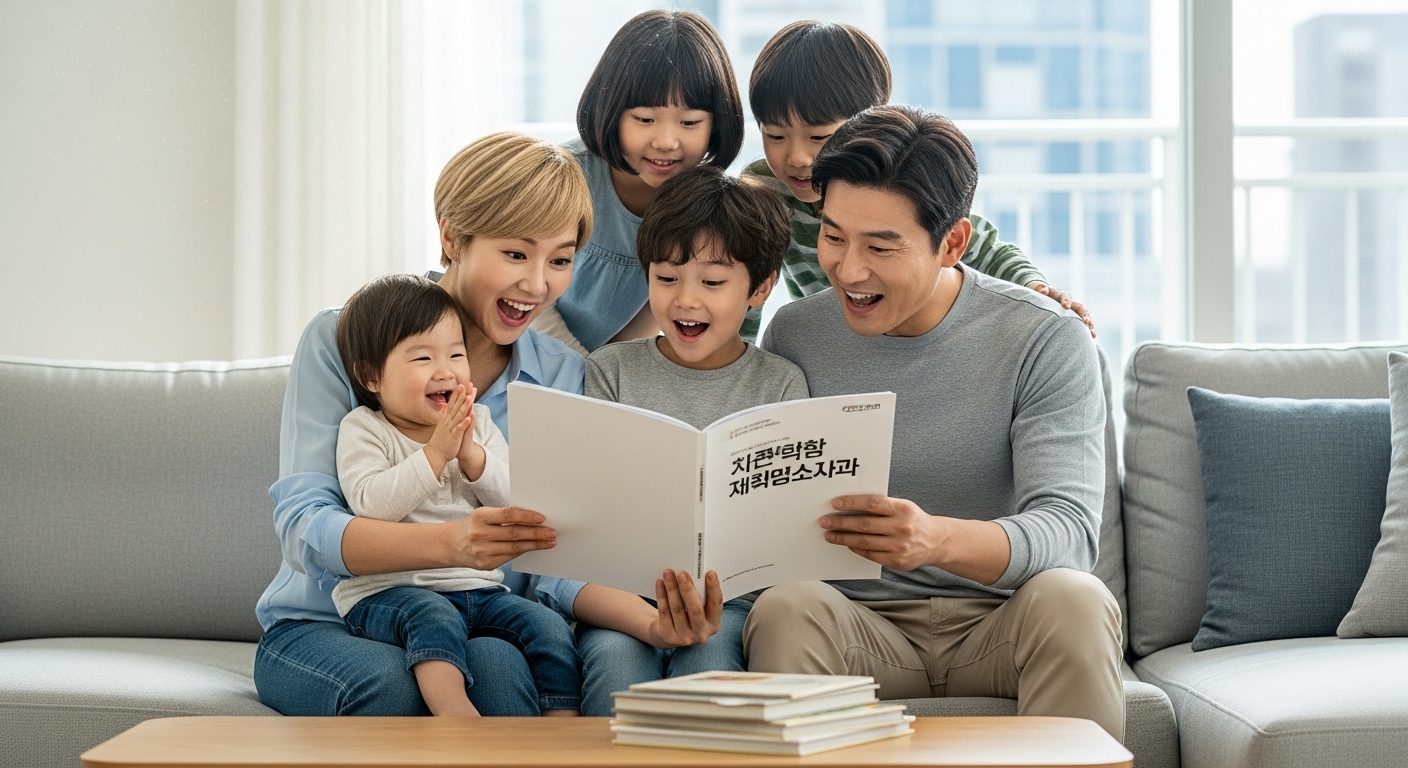 현대 한국 가족이 거실에서 정책 브로셔를 읽으며 기뻐하는 모습