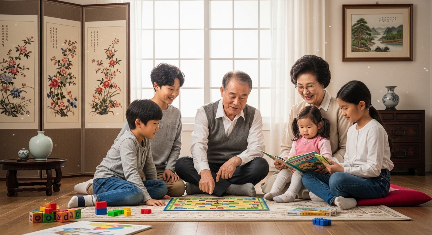 집에서 손자녀들과 함께 교육 활동과 놀이에 참여하는 노부부