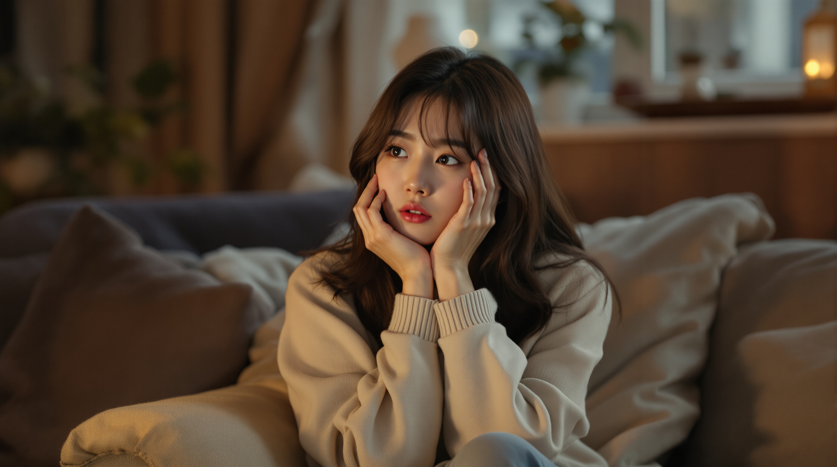 편안한 거실에서 자신의 몸 변화를 주의 깊게 살펴보는 젊은 여성