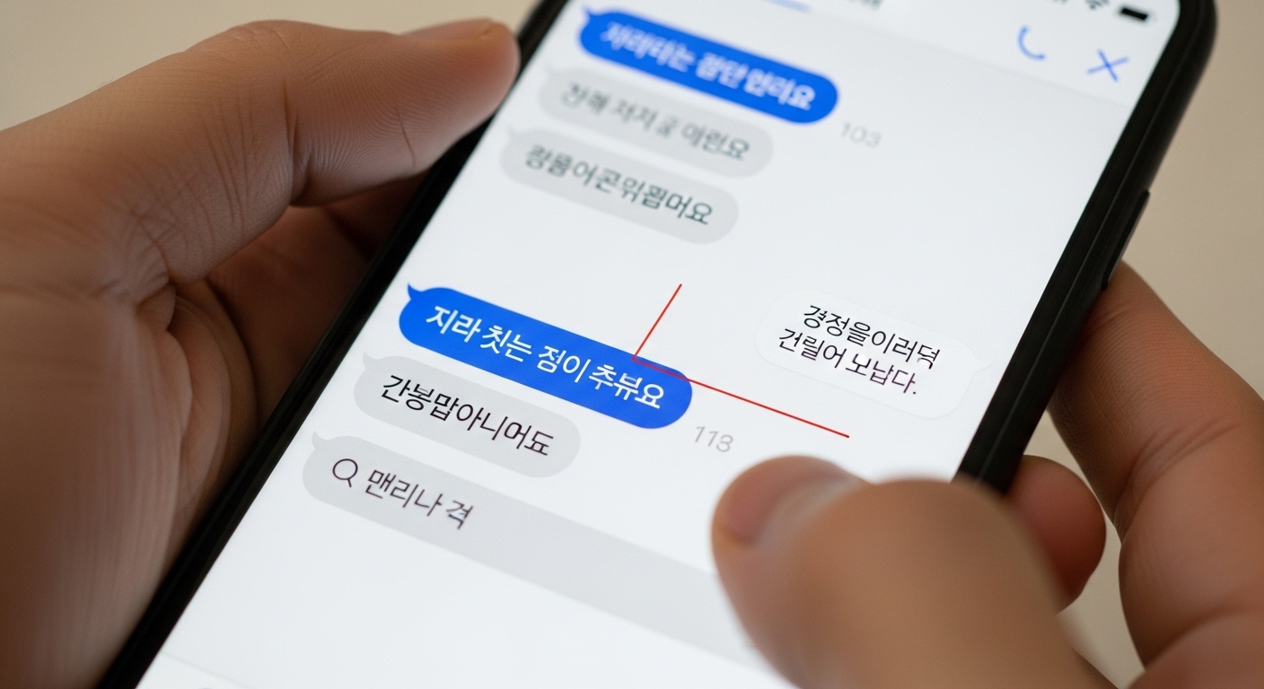 스마트폰에서 한국어 문법 자동 교정 기능을 사용하는 손길