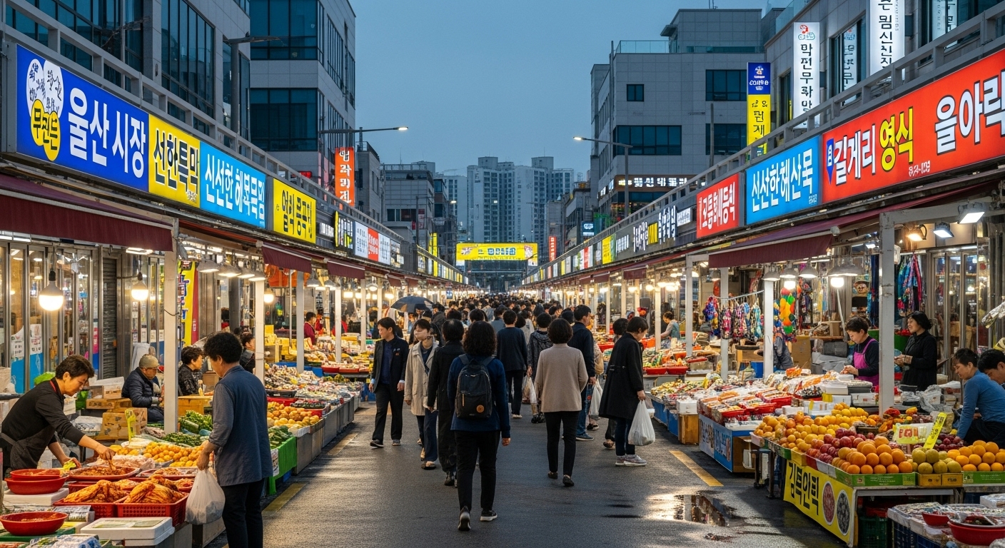 울산의 현대적이고 활기찬 시장 거리에서 현지 제품을 구매하는 사람들
