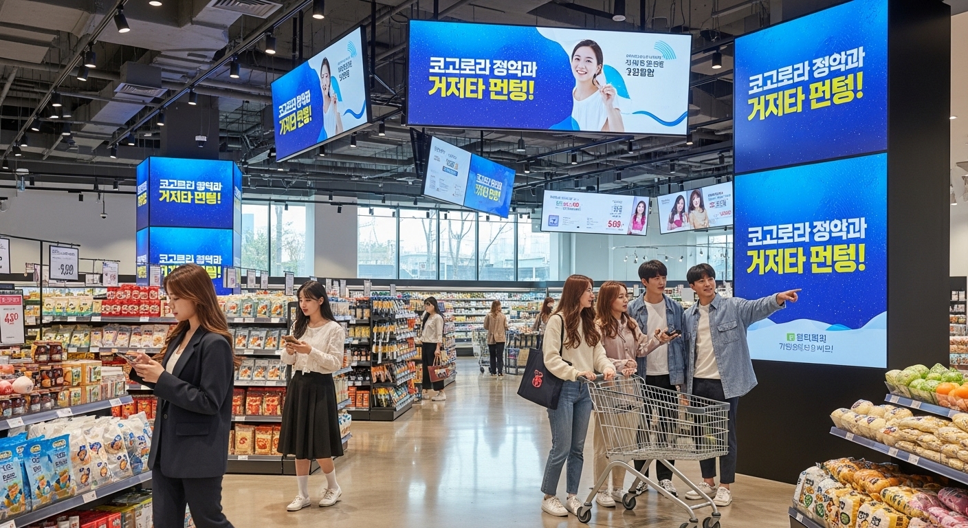 디지털 화면으로 공동 구매 혜택을 보여주는 현대적인 소매점 내부에서 물건을 고르는 젊은 쇼핑객들