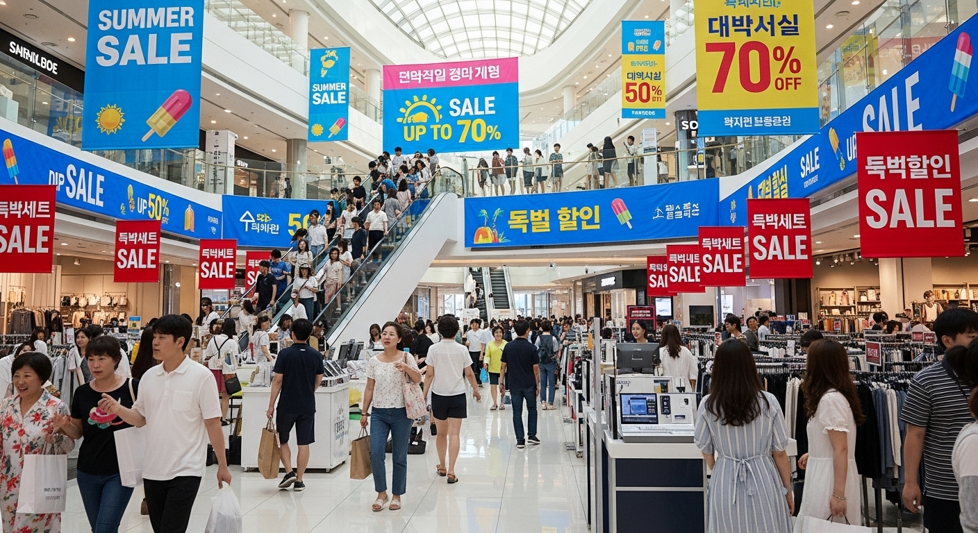 여름 세일 기간 동안 붐비는 쇼핑몰에서 할인 행사를 즐기는 사람들