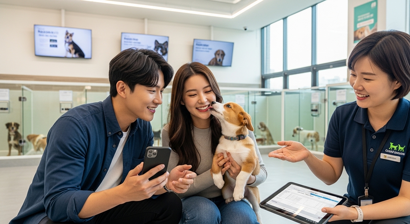 현대적인 동물 보호소에서 강아지를 입양하는 젊은 커플과 친절한 직원 모습
