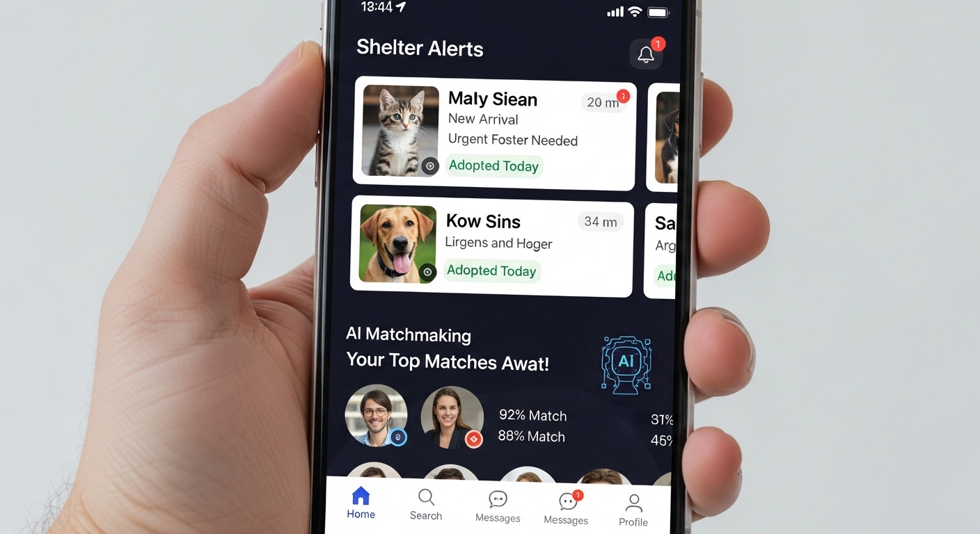 스마트폰 인터페이스에 표시된 실시간 보호소 알림과 AI 매칭 기능