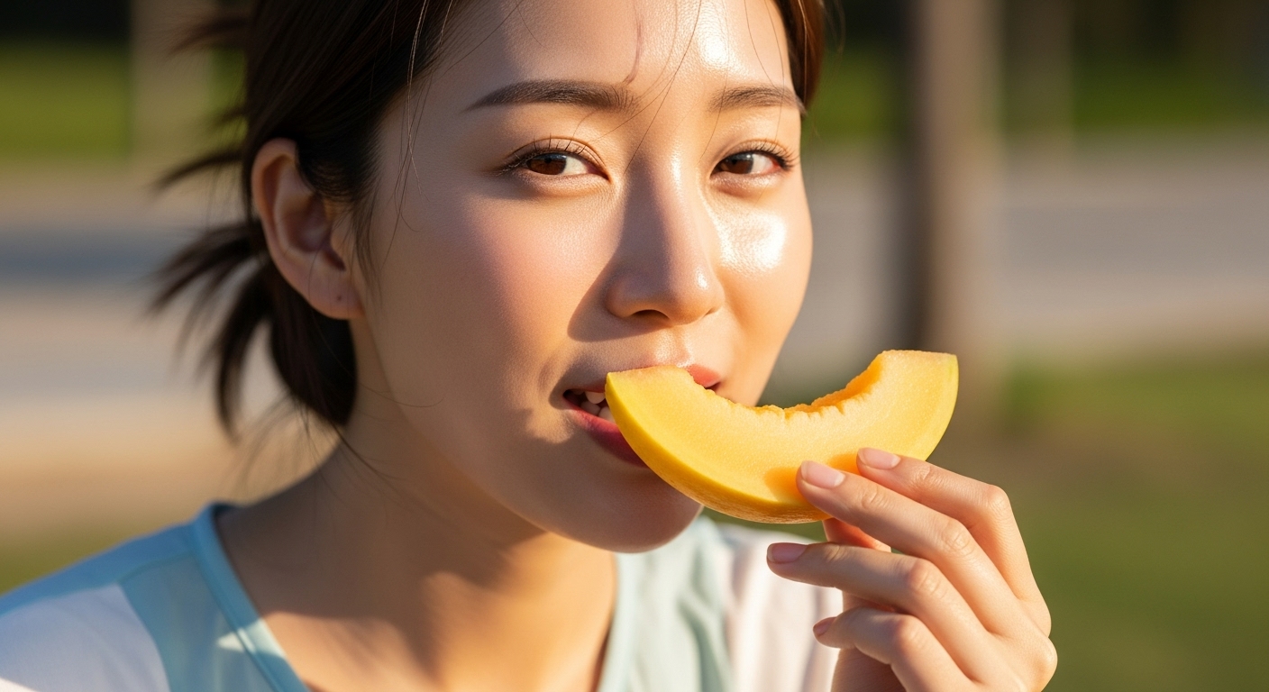 여름 햇살 아래 망고참외를 즐기는 여성의 건강한 피부