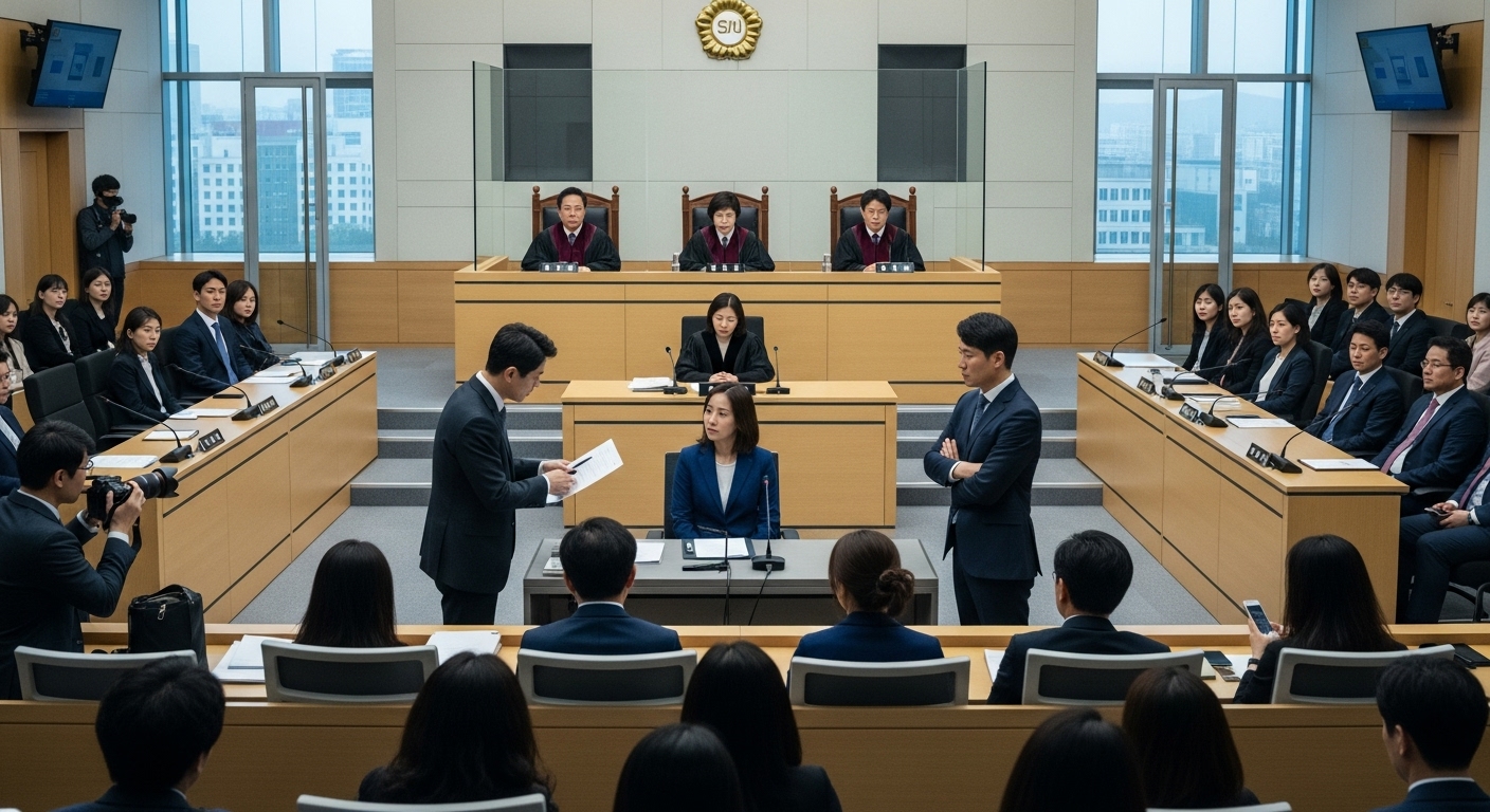 서울 법정에서 열린 유명인 관련 재판 장면, 심각한 분위기