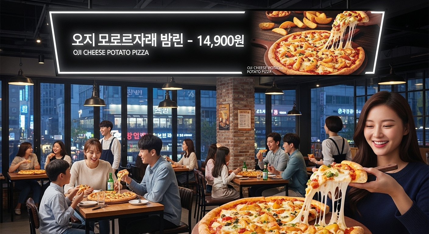 활기찬 분위기의 한국 피자 가게에서 메뉴판에 오지치즈포테이토피자가 표시되어 있고 사람들이 피자를 즐기는 모습