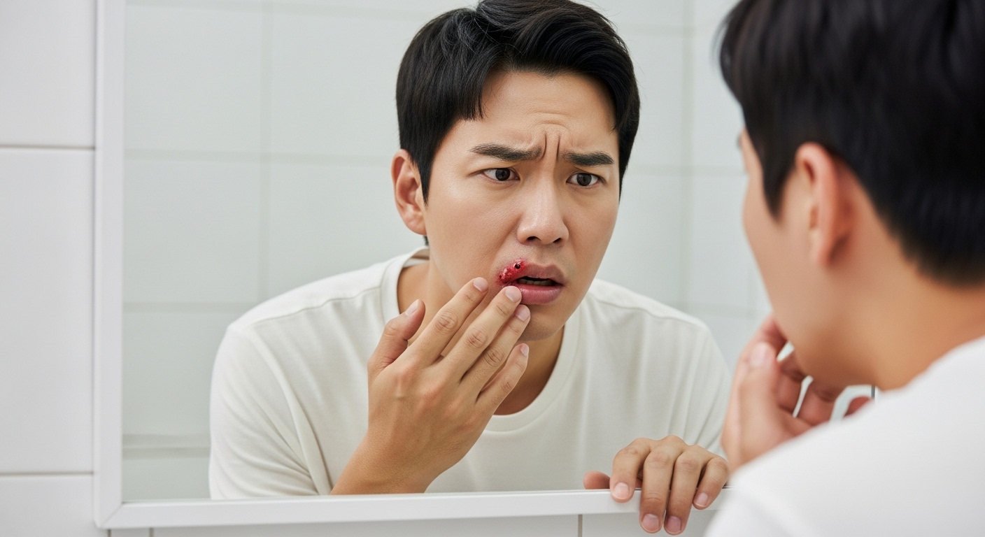 남성이 거울 앞에서 입술의 작은 물집을 걱정스럽게 살펴보는 모습