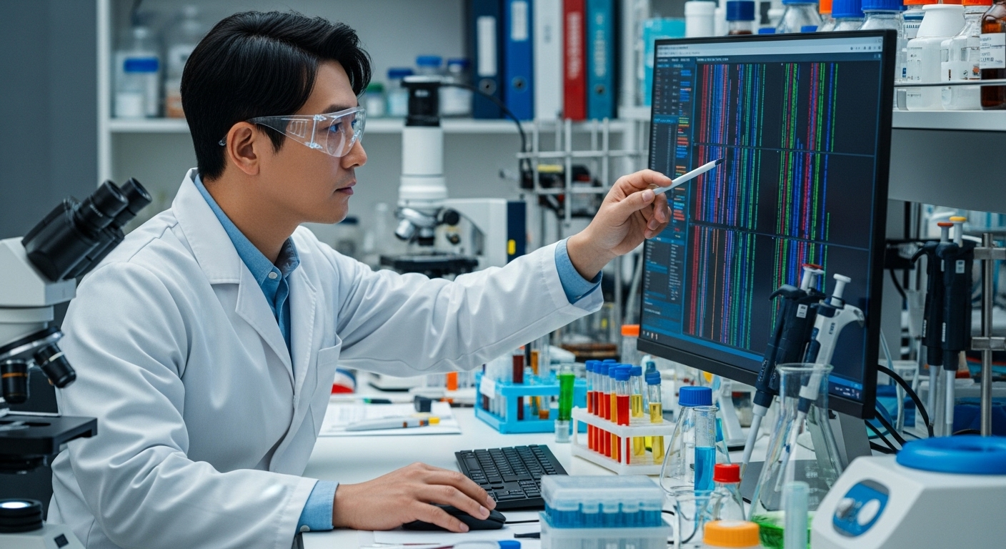 연구실에서 DNA 염기서열을 분석하는 한국인 과학자의 모습