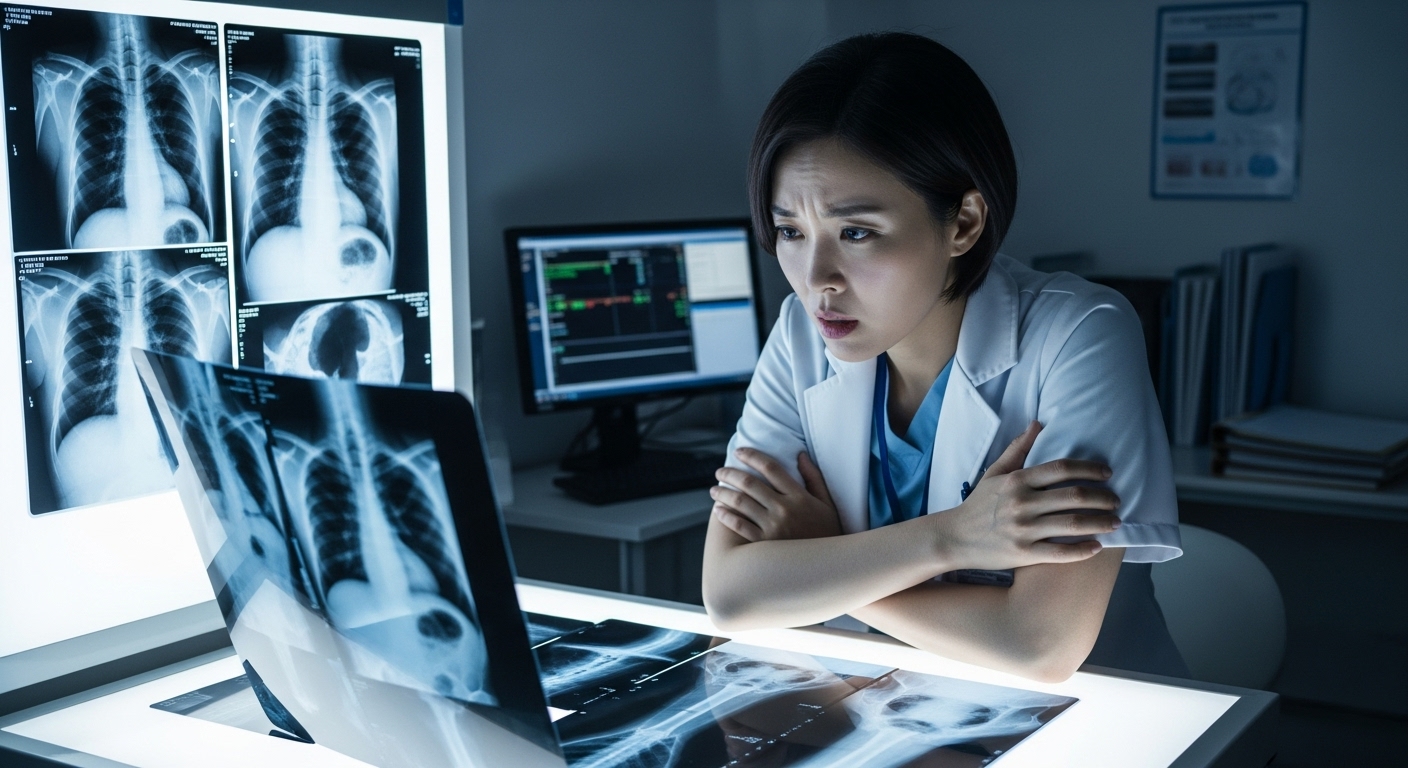 병원에서 X-ray 필름을 검토하는 방사선사의 진지한 표정