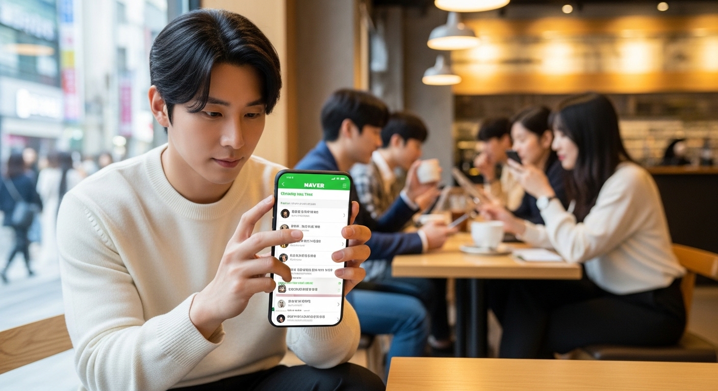 서울 카페에서 스마트폰으로 네이버 인기 검색어를 확인하는 젊은 남성