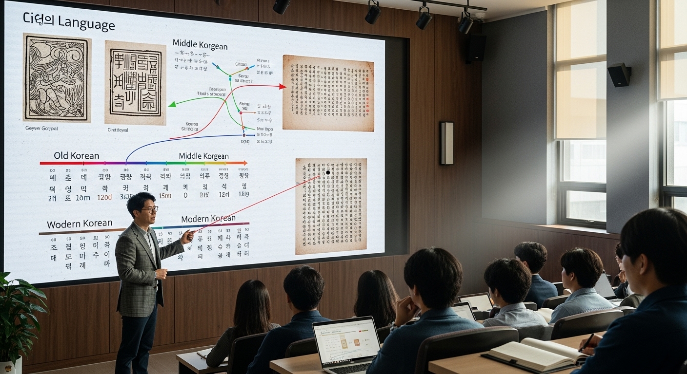 학문적인 환경에서 한국어 변화 과정을 설명하는 역사학자