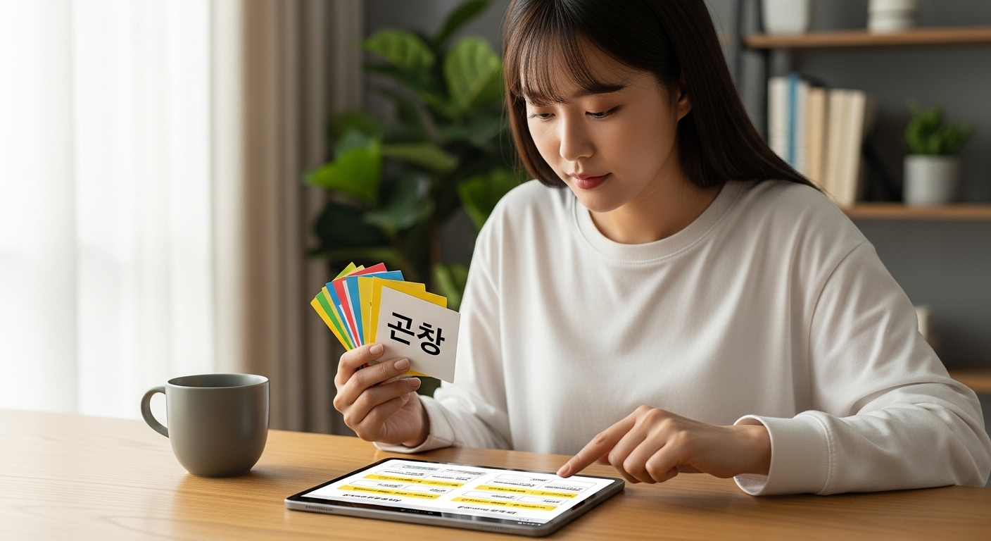 플래시카드와 태블릿을 사용하여 암기하는 학생의 모습