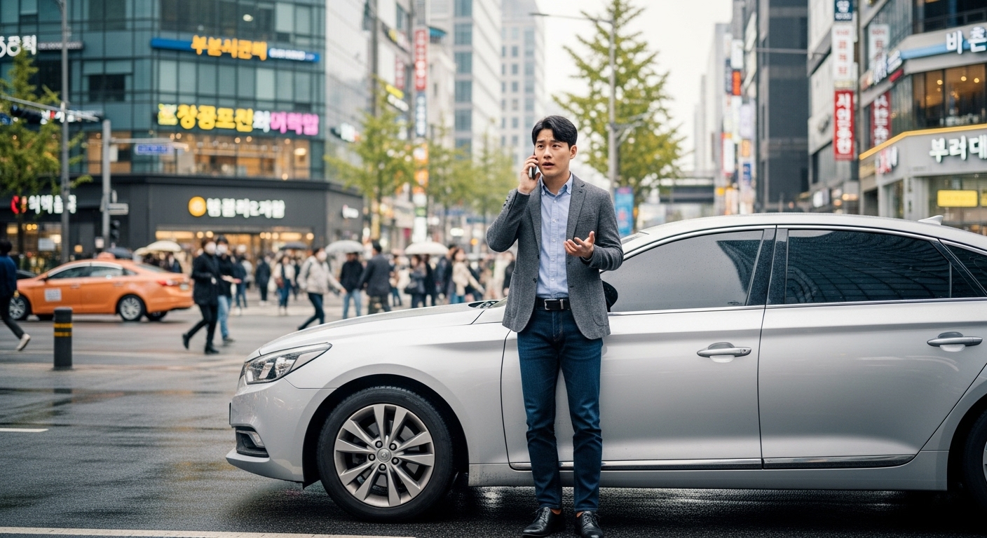 도심에서 차 옆에 서서 스마트폰을 보며 보험 선택을 고민하는 현대인