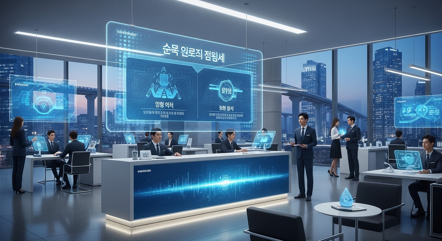 디지털 화면에 다양한 보험 옵션이 표시된 미래형 보험 사무실