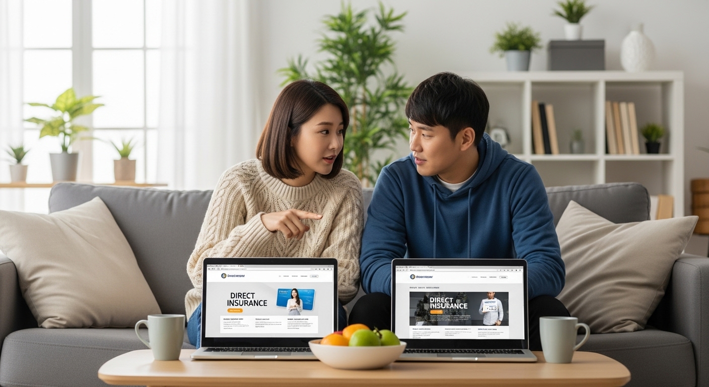 집에서 노트북으로 직접 보험 상품을 비교하며 저축 전략을 고민하는 한국인 커플