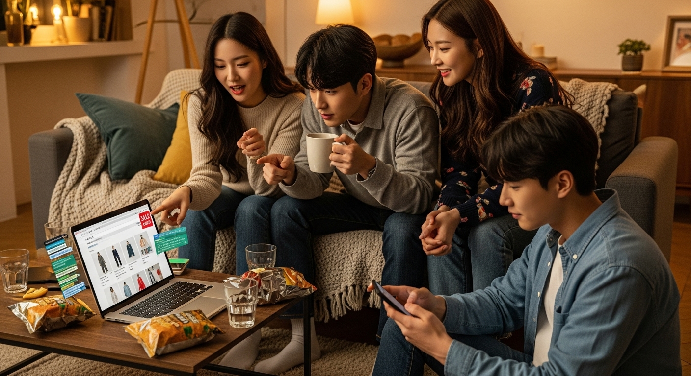 온라인으로 자라세일 상품 공동구매를 논의하는 친구들