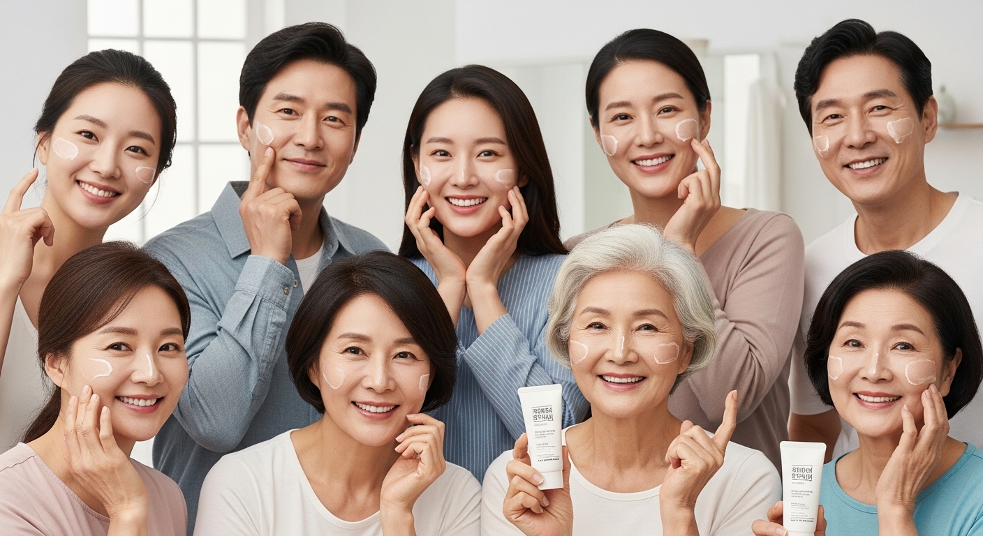 다양한 연령과 성별의 한국인 사용자가 밝은 피부를 자랑하는 모습