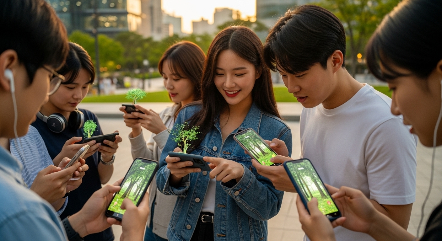젊은 사람들이 가상 나무가 있는 모바일 앱을 사용하는 모습