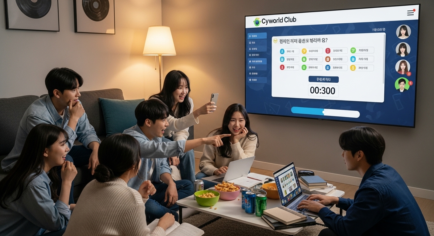 집에서 싸이월드 클럽 퀴즈 이벤트에 참여하는 열정적인 한국인 그룹