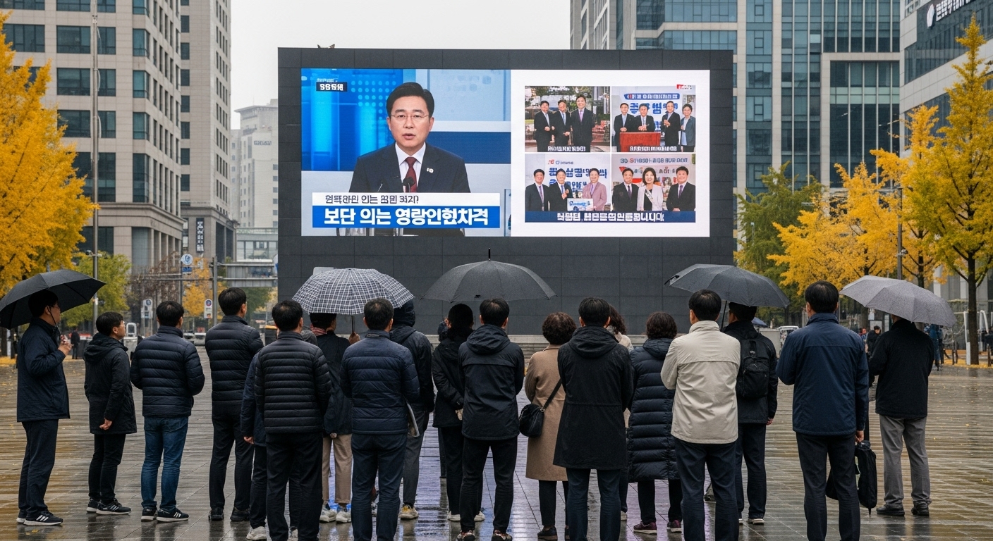 공공장소에서 뉴스 방송을 시청하는 시민들