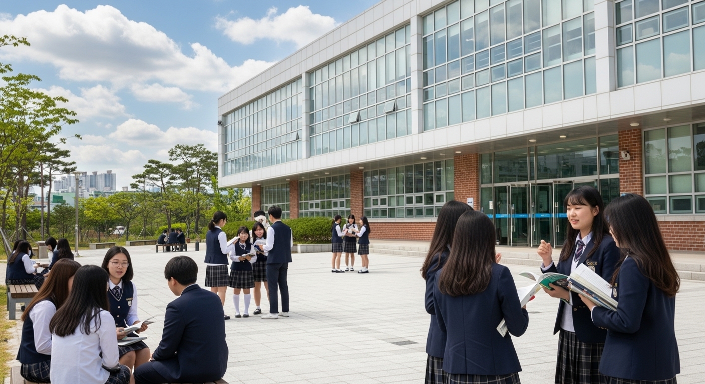 학교 건물 앞에서 교육 정책에 대해 토론하는 학생들