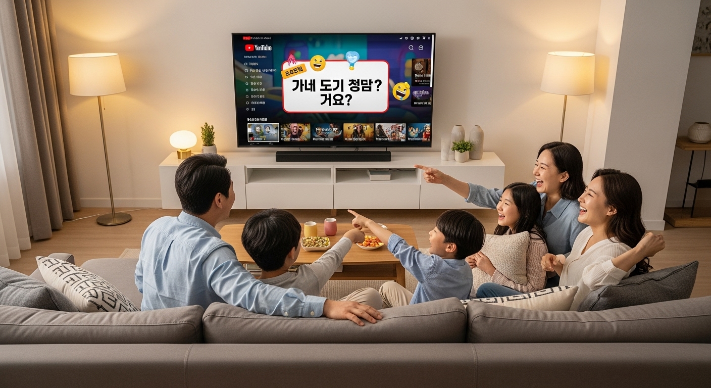 한국 가족이 거실에서 스마트 TV로 넌센스 퀴즈를 즐기는 모습