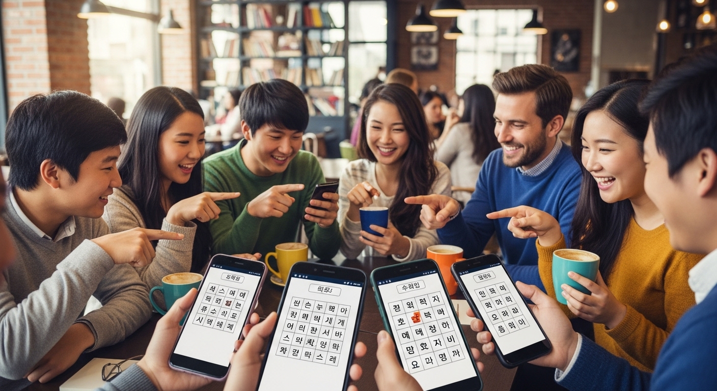 카페에서 스마트폰으로 복잡한 넌센스 수수께끼를 풀며 토론하는 청소년과 성인의 모습