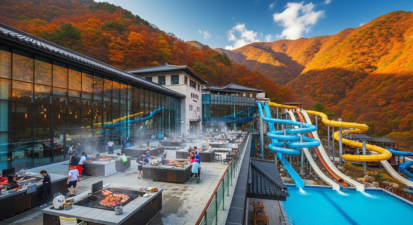 설악산 품에 안긴 척산온천휴양촌의 현대적 시설과 가을 풍경