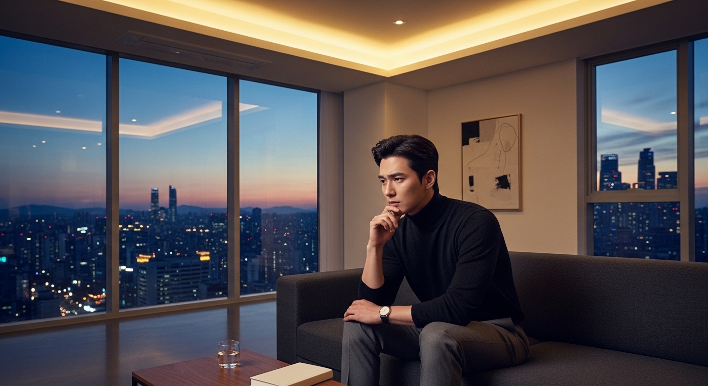 현대적인 아파트에서 창밖 도시를 바라보며 생각에 잠긴 유명 남자 연예인