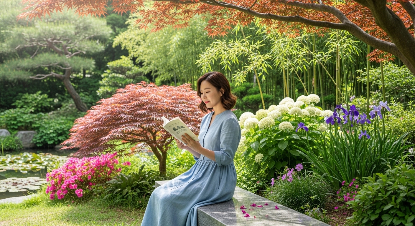 평화로운 정원에서 책을 읽고 있는 현대 여성의 모습