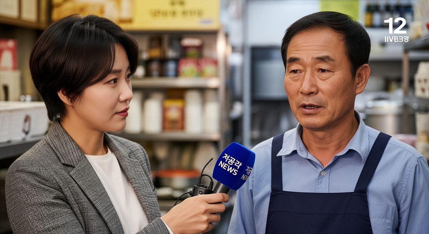 중소기업 환경에서 중년 남성과 인터뷰하는 한국 여성 기자의 감정을 담은 장면