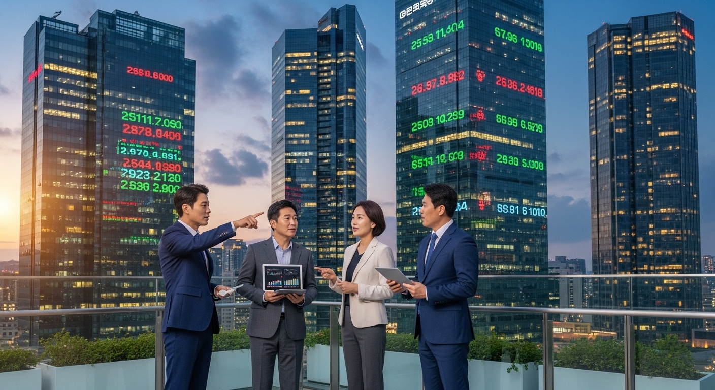 현대적 금융 지구의 고층 빌딩과 주식 시장 전광판 앞에서 투자 전략을 논의하는 모습