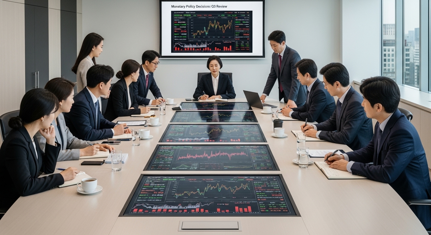 디지털 스크린에 경제 데이터를 띄운 회의실에서 다양한 한국 경제학자들이 통화 정책을 논의하는 장면