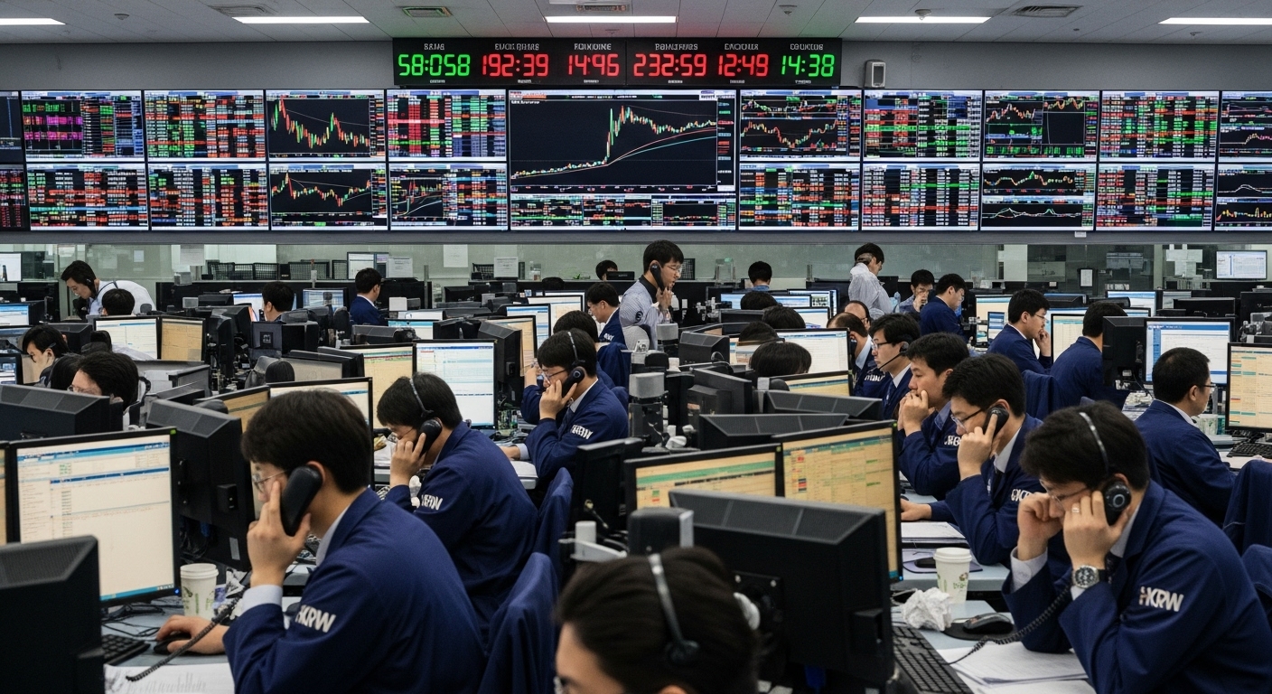 FOMC 발표 후 변동하는 자산 가격을 모니터링하는 한국 트레이더들이 있는 바쁜 거래소
