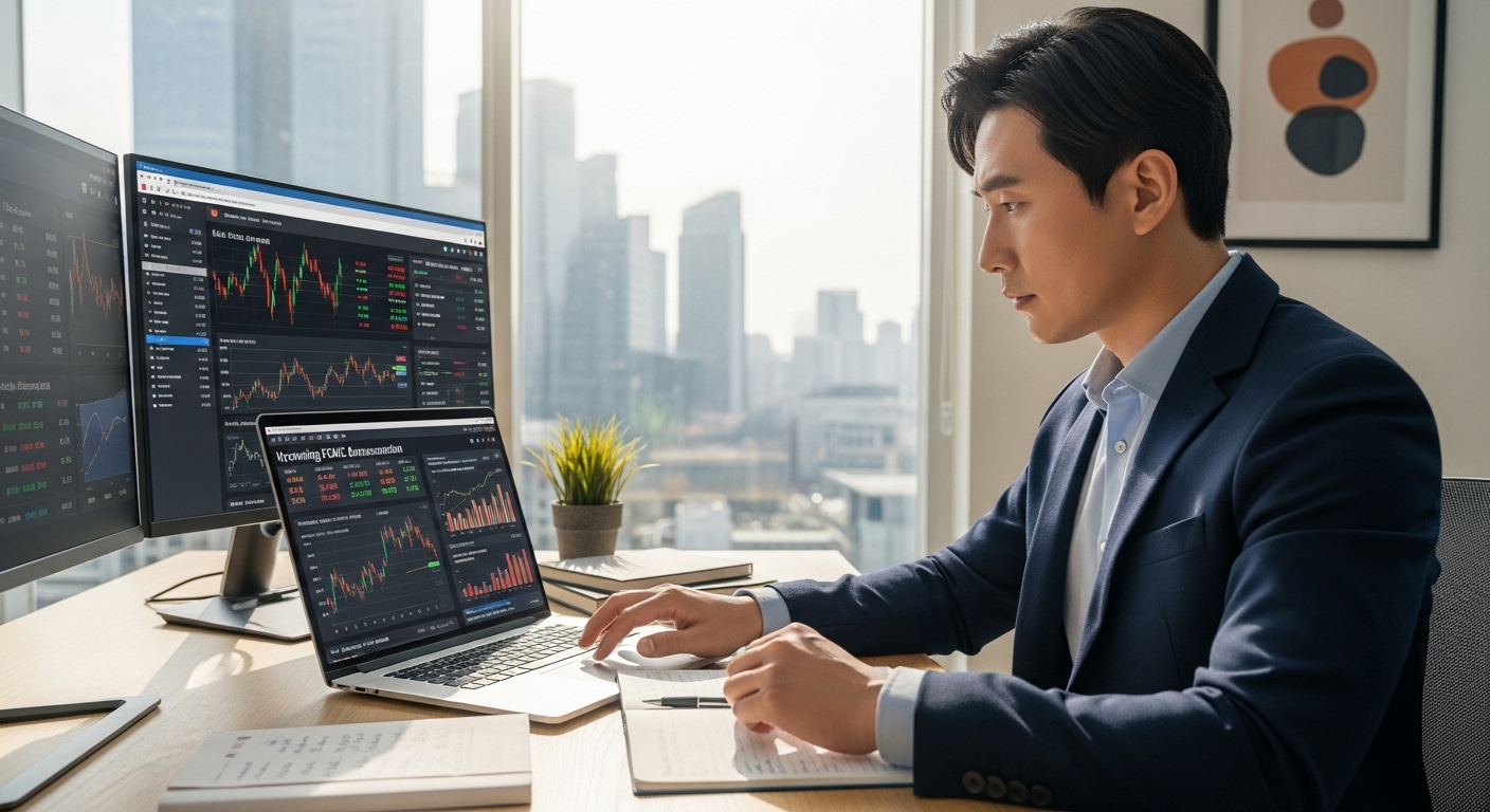 FOMC 발표를 앞두고 노트북으로 경제 지표를 분석하며 투자 포트폴리오를 조정하는 한국 투자자의 모습