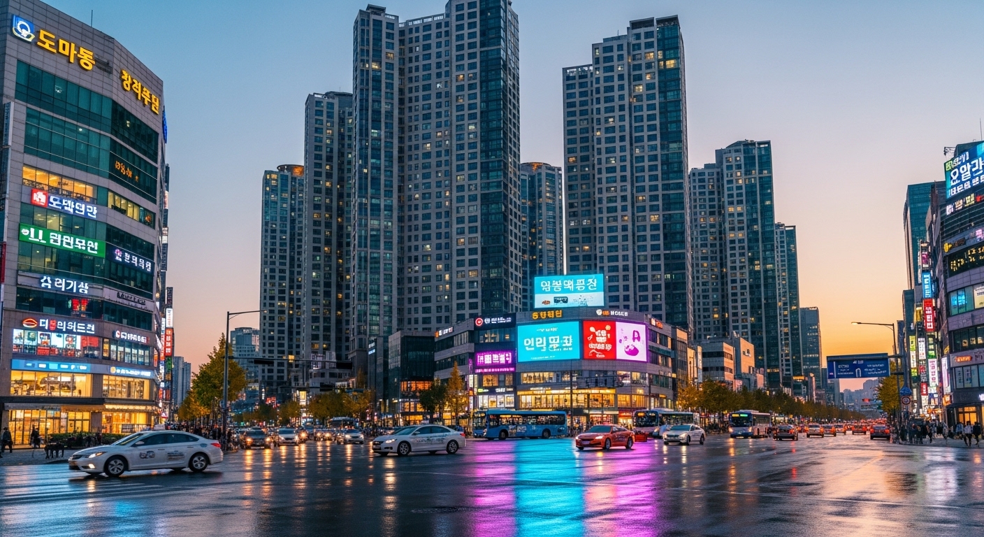 서울 강남구의 새로운 고층 아파트가 있는 현대적인 도시 풍경