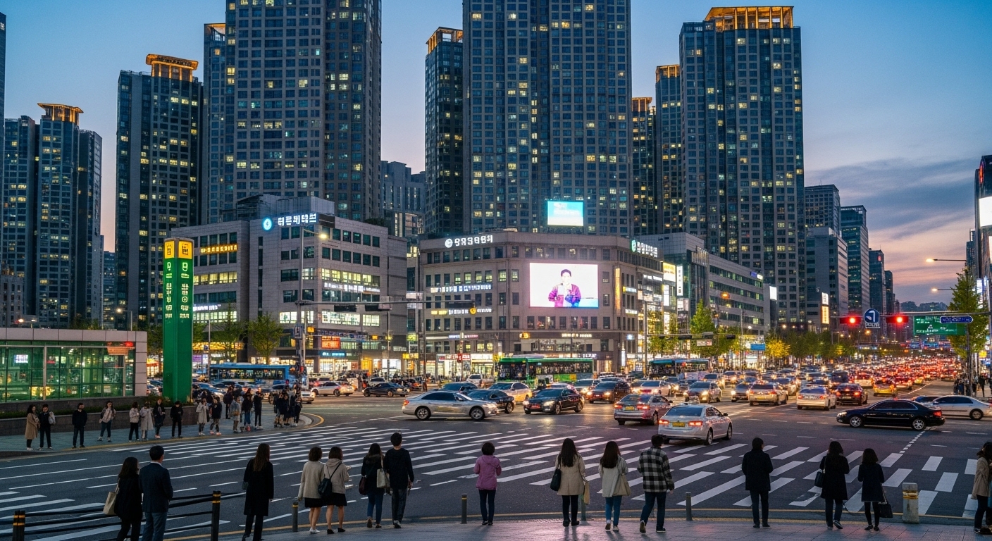 지하철역과 인근 학교가 보이는 강남의 분주한 교차로와 고층 아파트