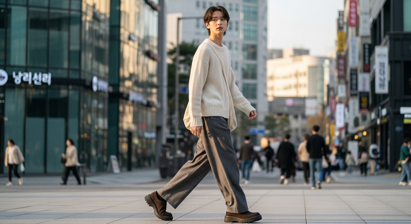도심에서 넓은 바지와 니트웨어로 편안한 일상룩을 연출하는 젊은 한국인