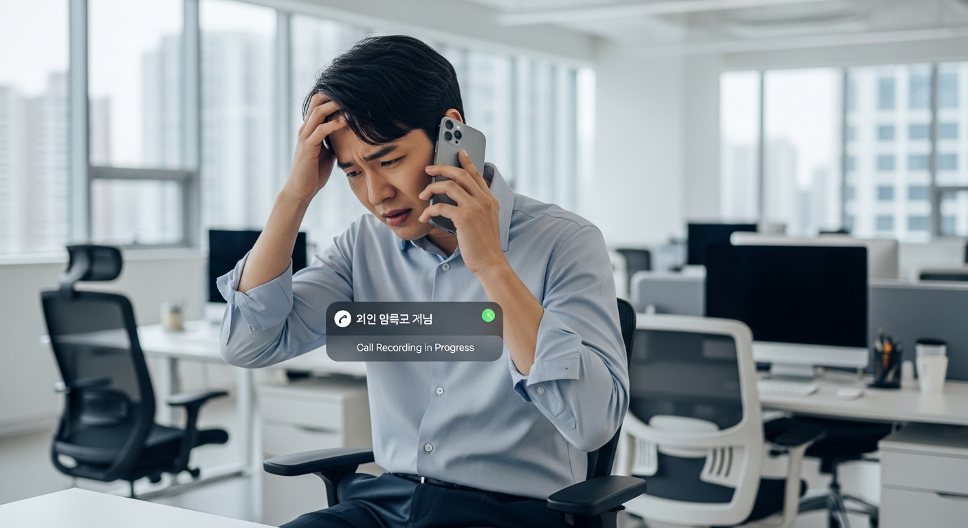 현대식 사무실에서 아이폰을 사용하는 직장인의 당황한 모습