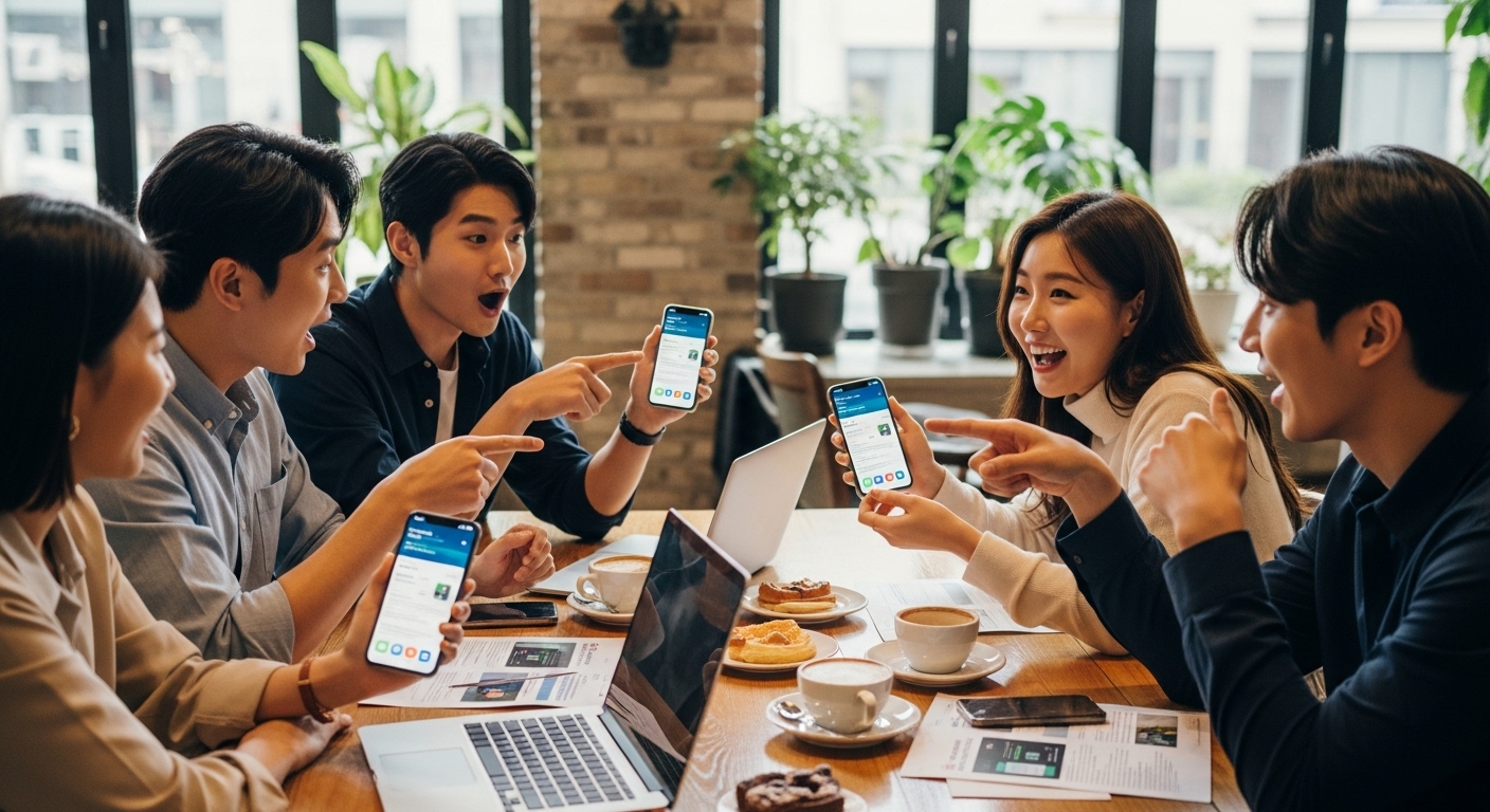 카페에서 아이폰을 사용하며 iOS 26.1의 출시를 이야기하는 젊은 사람들