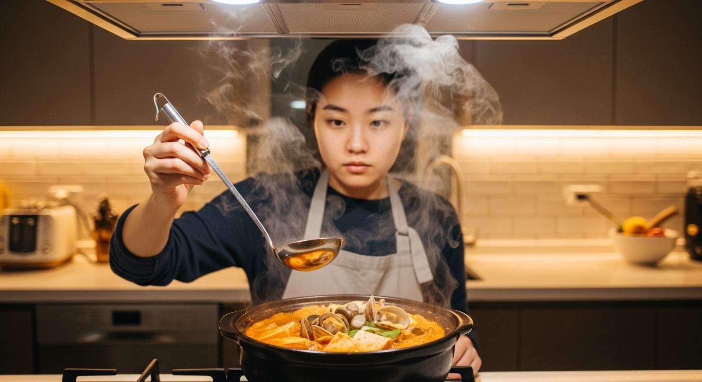젊은 요리사가 현대식 주방에서 순두부찌개를 끓이고 있는 장면