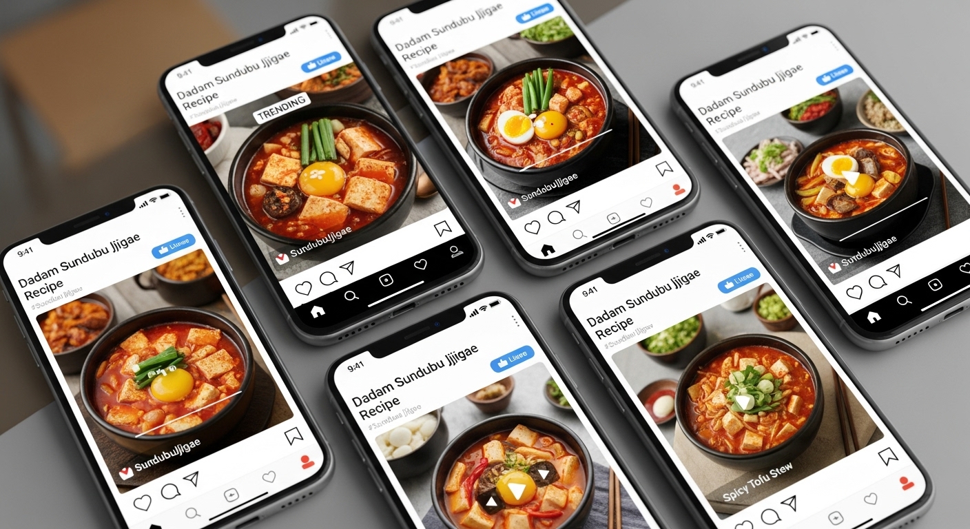 스마트폰 화면에 다담 순두부찌개 레시피가 SNS에서 인기인 모습