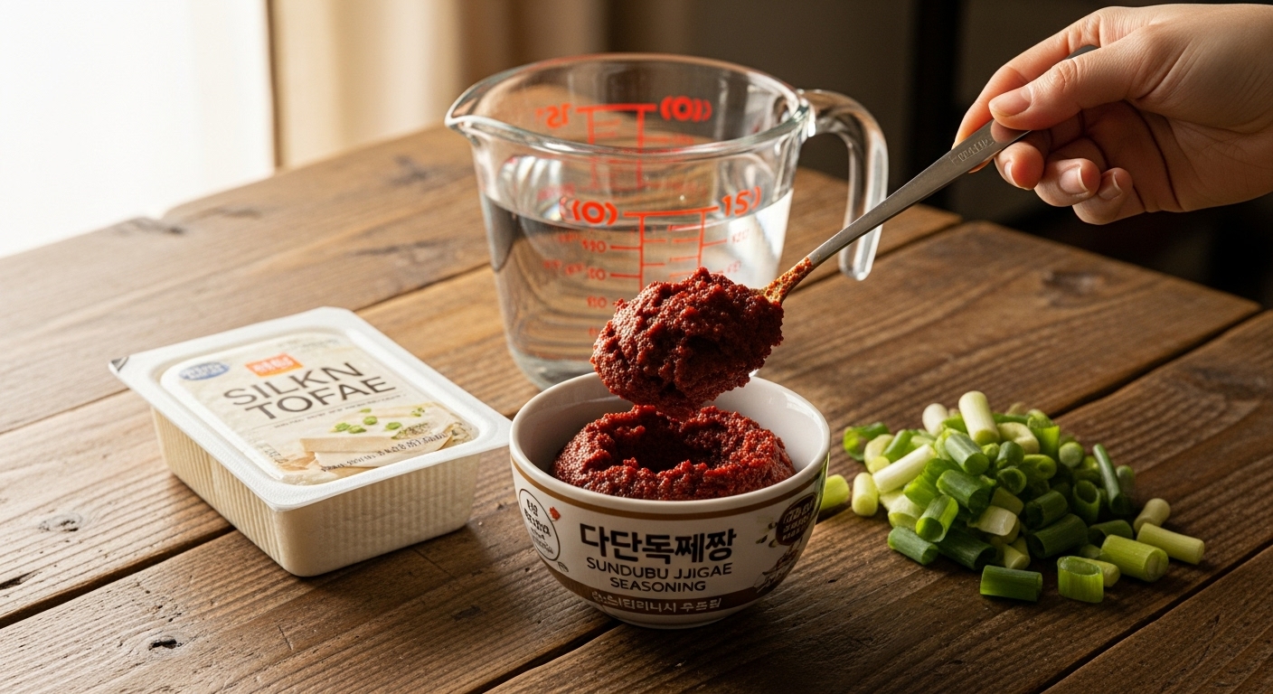 나무 테이블 위에 놓인 순두부찌개 재료들; 두부 팩과 물컵 및 썰어놓은 대파