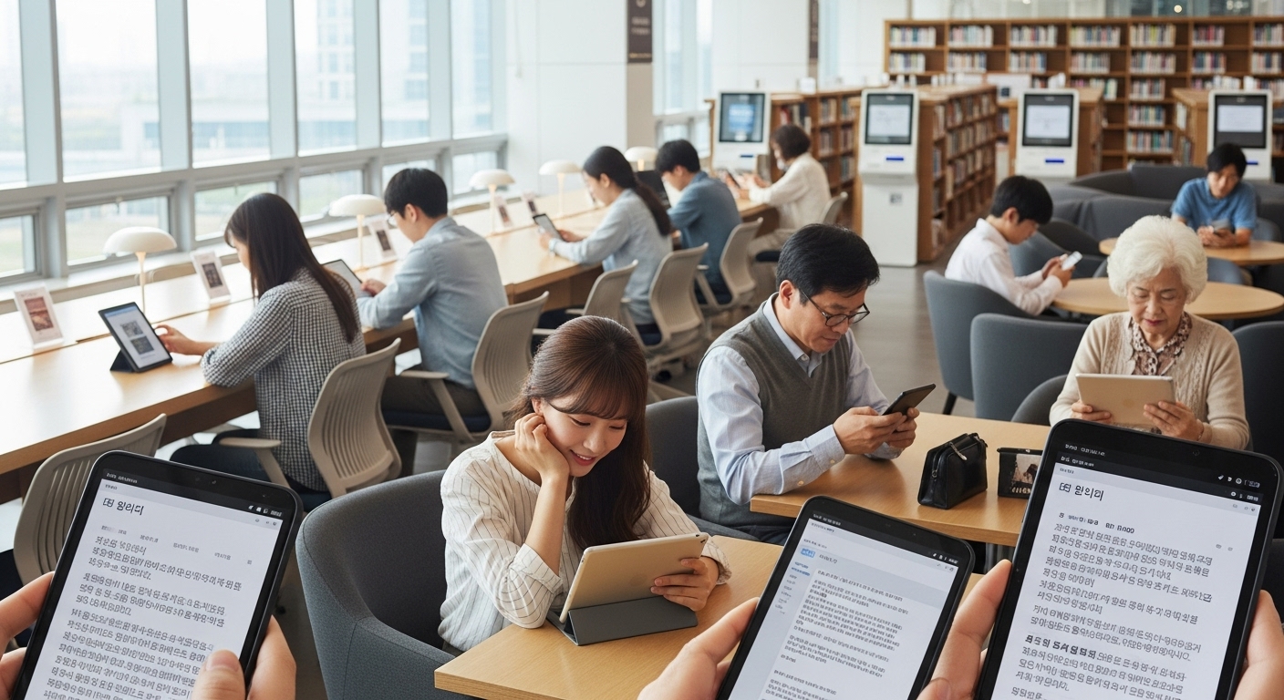 다양한 연령대의 사람들이 디지털 기기로 웹소설을 읽고 있는 현대 도서관