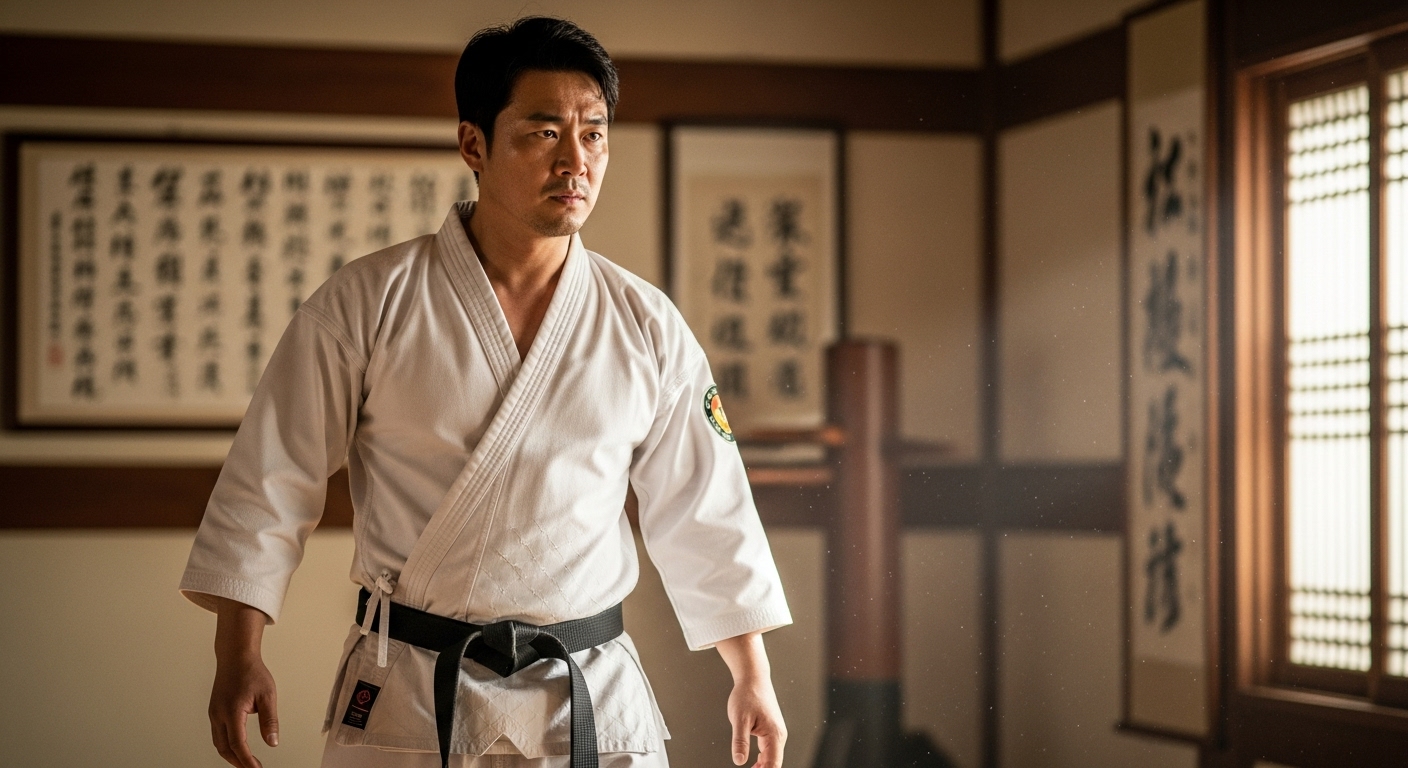 전통 무술 배경에서 전략적 사고를 드러내는 한국 남자