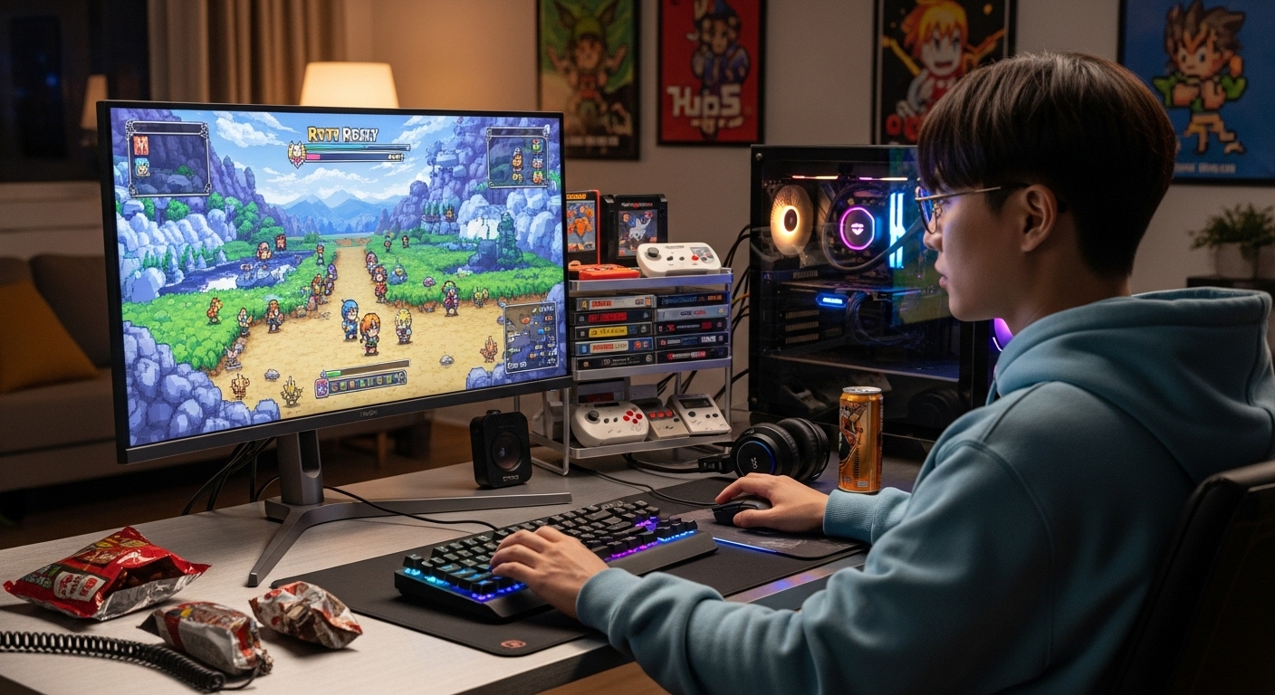 최신 게임 장비로 픽셀 아트 RPG를 즐기는 한국 게이머