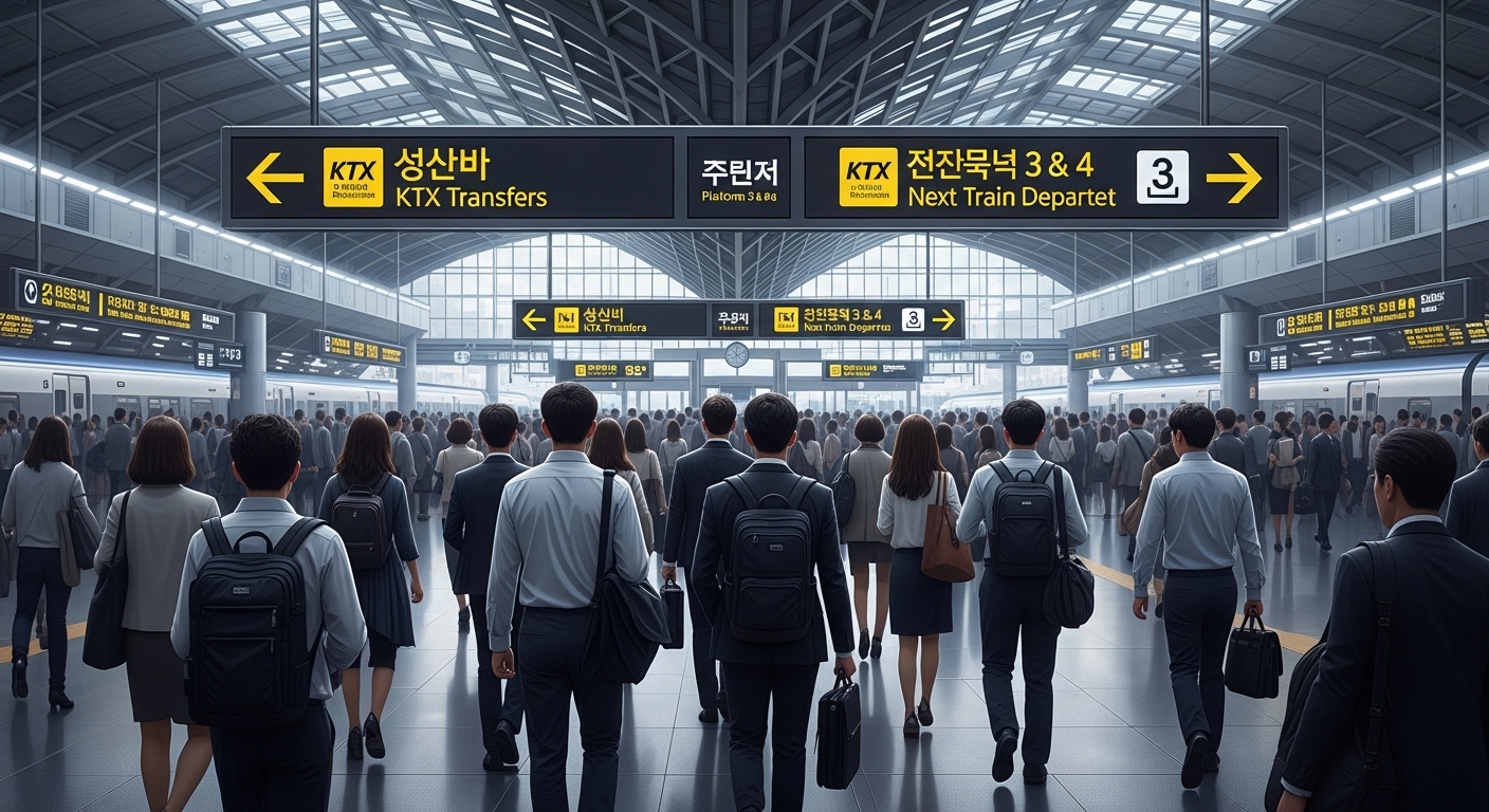 환승 지점으로 향하는 승객들로 붐비는 용산역 내부와 명확한 안내 표지판