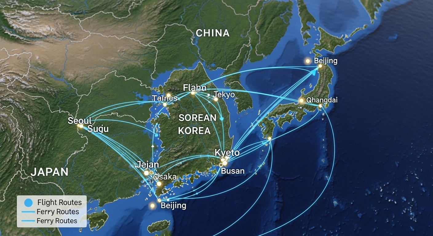 한국과 일본/중국을 연결하는 최적의 단거리 항로를 강조한 지도